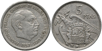 Испания 5 песет 1957 (57) Франциско Франко (1939-1975) KM 786 медно-никель 4577-725