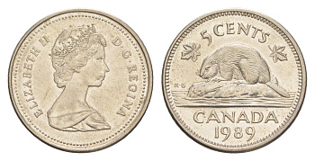 Канада 5 центов 1989 Елизавета II (1952-2022), бобр KM 60.2a медно-никель 4636-618