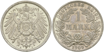 Германия 1 марка 1909 A Weege 18, J. 17, KM 14 серебро aUNC 65-225