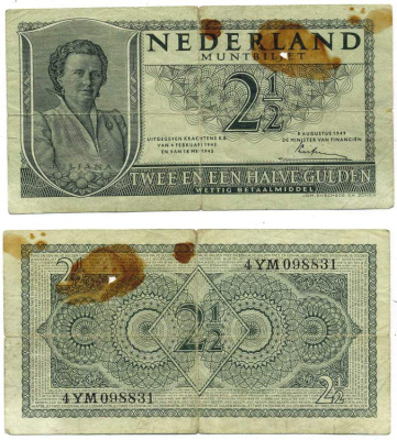 НИДЕРЛАНДЫ 2 1/2 ГУЛЬДЕНА 1949 8 АВГУСТА 1949, КОРОЛЕВА ЮЛИАНА Pick 73 бумага 8612-20-2-1