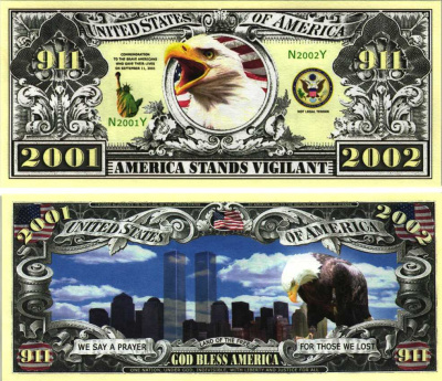 США СУВЕНИРНАЯ БАНКНОТА 2002 ПЕРВАЯ ГОДОВЩИНА ТРАГЕДИИ В НЬЮ-ЙОРКЕ, БАШНИ БЛИЗНЕЦЫ, АМЕРИКАНСКИЙ ОРЁЛ, 911 ТЕЛЕФОН СЛУЖБЫ СПАСЕНИЯ бумага UNC (ПРЕСС) 7198-34-4-2