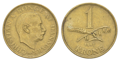 Дания 1 крона 1947 N, Кристиан X (1912-1947) KM 835 алюминиевая бронза 4654-741