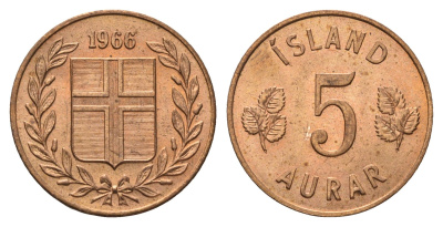 Исландия 5 эйре 1966 KM 9 бронза UNC 4695-524