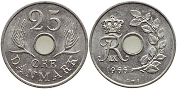 ДАНИЯ 25 ЭРЕ 1966 С; S, ФРЕДЕРИК IX (1947-1972) KM 855.1 медно-никель 4398-952