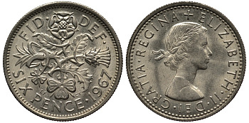 Великобритания 6 пенсов 1967 Елизавета II (1952-2022) KM 903, Spink 4149 медно-никель 4539-221