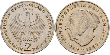 ФРГ 2 марки 1974 D, Конрад Аденауэр KM 124, J. 406 медно-никель 4159-1233