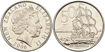 Новая Зеландия 50 центов 2006 Елизавета II (1952-2022), парусник Индевор KM 119а никелированная сталь 4579-1032