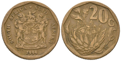 ЮАР 20 центов 1994 герб, цветок протея KM 136 сталь плакированная бронзой 4621-557