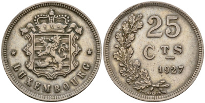 Люксембург 25 сантимов 1927 Шарлотта (1918-1964) KM 37 медно-никель 4122-555