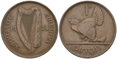 Ирландия 1 пенни 1928 курица с цыплятами KM 3 бронза 221-225