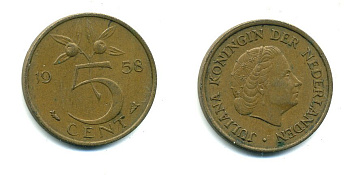 НИДЕРЛАНДЫ 5 ЦЕНТОВ 1958 ЮЛИАНА KM 181 бронза 76-423