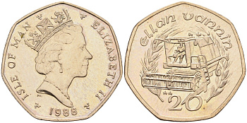 Остров Мэн 20 пенсов 1988 АА, комбайн, Елизавета II (1952) KM 211 медно-никель UNC 4582-337