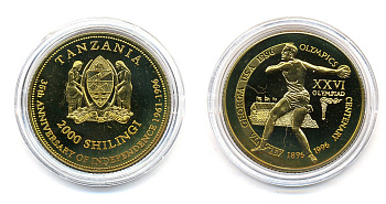 Танзания 2000 шиллингов 1996 XXVI Олимпийские игры 1996 года в Атланте, 100 лет Олимпийскому движению, дискобол, пробник, рубчатый гурт латунь PROOF 06-157-45