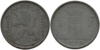 Бельгия 1 франк 1942 Belgique - Belgie, Леопольд III (1934-1947), германская оккупация, Вторая мировая война KM 127 цинк 4161-424