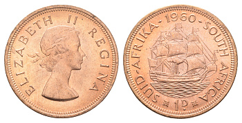 ЮАР 1 пенни 1960 Елизавета II (1952-2022), парусник KM 46 бронза UNC M73-05