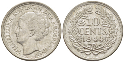 Нидерланды 10 центов 1944 Вильгельмина (1890-1948) KM 163 серебро aUNC 4392-1065