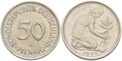 ФРГ 50 ПФЕННИГОВ 1980 J KM 109.2 медно-никель 4392-916