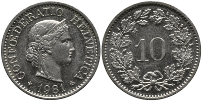 Швейцария 10 раппенов 1981 KM 27 медно-никель 33-254