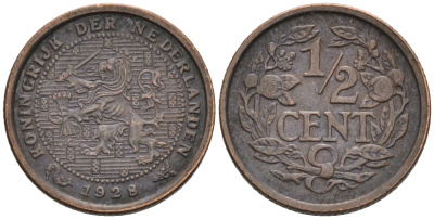 Нидерланды 1/2 цента 1928 Вильгельмина (1890-1948) KM 138 бронза 4576-449