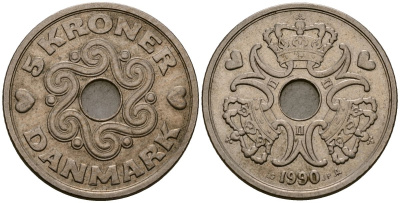 Дания 5 крон 1990 Маргрете II (1973 - 1988) KM 869 медно-никель 4165-934