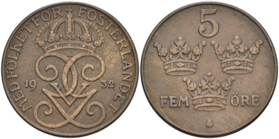 Швеция 5 эре 1932 Густав V (1907-1950) KM 779.2 бронза 4557-622
