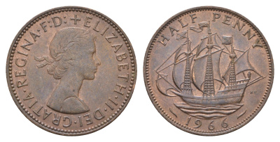 Великобритания 1/2 пенни 1966 Елизавета II (1952-2022) KM 896, Spink 4158 бронза aUNC 4662-1253