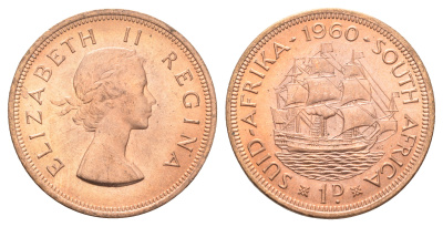 ЮАР 1 пенни 1960 Елизавета II (1952-2022), парусник KM 46 бронза UNC M73-05
