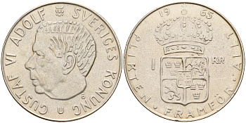 Швеция 1 крона 1965 U, Густав VI Адольф (1950-1973) KM 826 серебро 4597-224