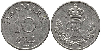 ДАНИЯ 10 ЭРЕ 1954 N; S, ФРЕДЕРИК IX (1947-1972) KM 841.1 медно-никель 116-214
