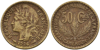 Камерун 50 сантимов 1926 (a), мондвор Париж KM 1 алюминиевая бронза 4169-1113