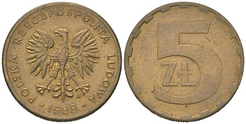 Польша 5 злотых 1988 MW Y 81.2 латунь aUNC 4616-1213