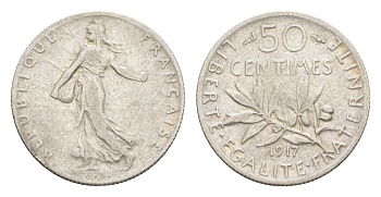Франция 50 сантимов 1917 KM 854 серебро 4630-427