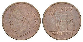 Норвегия 5 эре 1970 Улаф V (1957-1991) KM 405 медь 4514-152