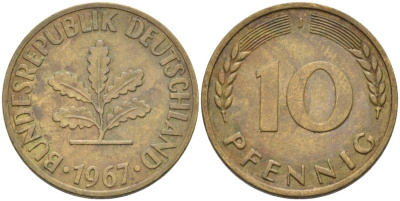 ФРГ 10 пфеннигов 1967 J KM 106 сталь плакированная латунью 4571-532