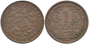 НИДЕРЛАНДЫ 1 ЦЕНТ 1941 ВИЛЬГЕЛЬМИНА (1890-1948) KM 152 бронза 39-118