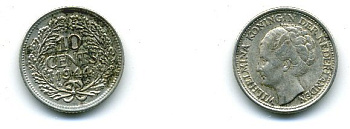Нидерланды 10 центов 1944 Вильгельмина I (1890-1948) KM 163 серебро 46-146