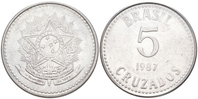 Бразилия 5 крузадо 1987 реформа (1986-1989) KM 606 нержавеющая сталь 4529-747