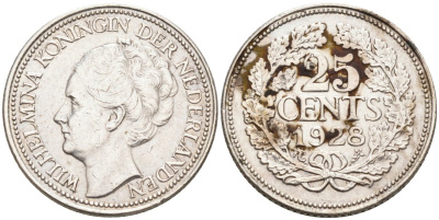 Нидерланды 25 центов 1928 Вильгельмина (1890-1948) KM 164 серебро 94-721
