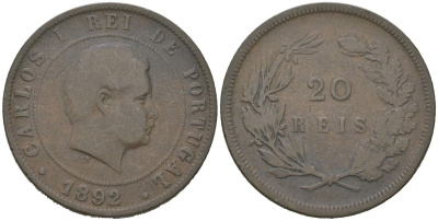 Португалия 20 реалов 1892 Карлуш I (1889-1908) KM 533 бронза 4512-943