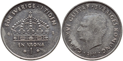 Швеция 1 крона 2001 Карл XVI Густав (1973- ) KM 894 медно-никель 4364-2751