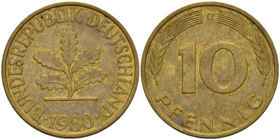 ФРГ 10 пфеннигов 1980 D J. 383, KM 108 сталь плакированная латунью    4603-452