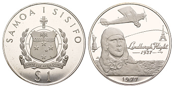 Самоа 1 тала 1977 50 лет первому перелёту через Атлантический океан KM 26a серебро PROOF 413-3143