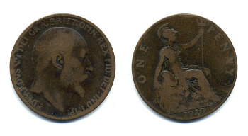 Великобритания 1 пенни 1910 Эдуард VII (1901-1910) KM 794.2, Spink 3990 бронза 47-814