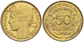 ФРАНЦИЯ 50 САНТИМОВ 1932 ТИП MORLON, OPEN 9, С ЯГОДОЙ KM 894.1, LE FRANC 192.7 алюминиевая бронза 44-722