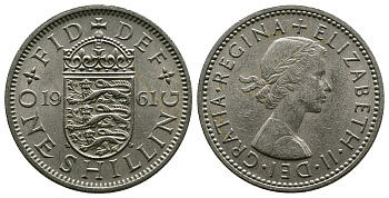 Великобритания 1 шиллинг 1961 Елизавета II (1952-2022), Английский герб KM 904, Spink 4147 медно-никель 4384-434