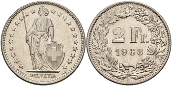 Швейцария 2 франка 1968 B KM 21a медно-никель 4607-614