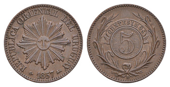 Уругвай 5 сентимо 1857 D, год-тип KM 8 медь 1518-1724