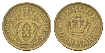 Дания 1 крона 1925 HCN, Кристиан X (1912-1947) KM 824 алюминиевая бронза 4657-325