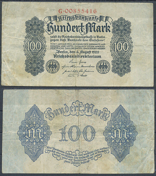 Германия 100 марок 1922 Pick 75 бумага 6285-59-2-1