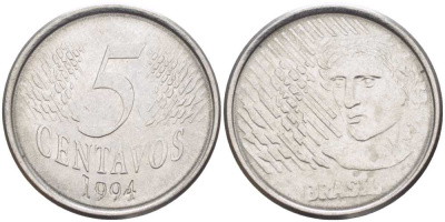 Бразилия 5 сентаво 1997 реформа 1994-, голова свободы влево KM 632 нержавеющая сталь 259-1033